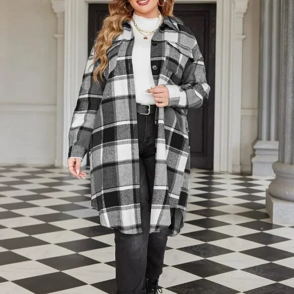 Womens Plus Size Flannel Plaid Shirts Lounge Lapel Button Down Tartan Coats - Picture 4 of 4